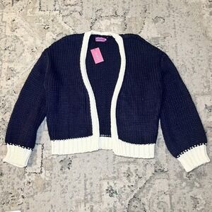 NWT Edikted Contrast Chunky Knit Cardigan Sweater Navy White XS/S Oversized Cozy